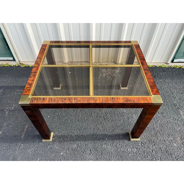 1970s Faux Tortoiseshell Smoked Glass and Brass Side Tables- A Pair For Sale - Image 12 of 12