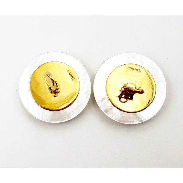 1980s Chanel Vintage Gold Plated CC Black Quilt Mother of Pearl XL Clip on Earrings, A Pair For Sale - Image 5 of 5