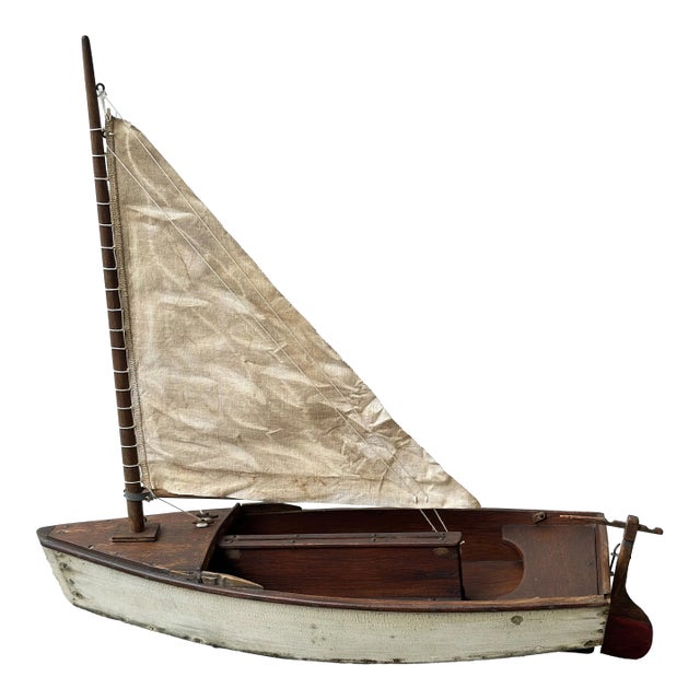 Antique Folk Art Wood Pond Sail Boat, Circa 1920s For Sale