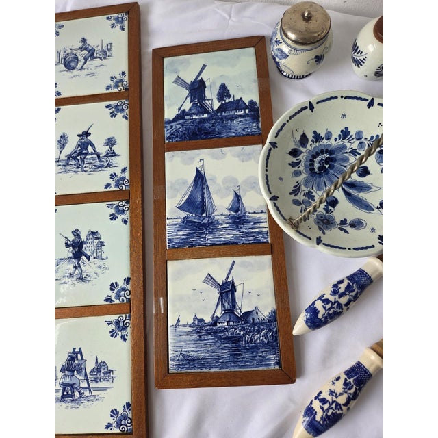 Vintage Delft Blue Tiles, Salt and Pepper Shaker, and Tray, 1920s, Set of 7 For Sale - Image 3 of 12