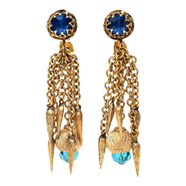 Vintage Gold Plated, Turquoise & Blue Crystal Chain Dangle Clip On Earrings - 2 Pieces For Sale