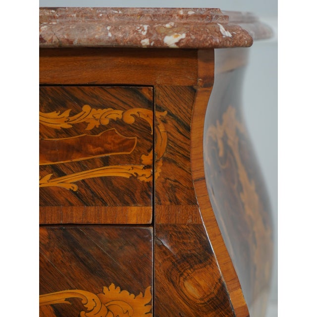 Brown 1950s French Louis XV Marquetry Inlaid Marble Top Commode For Sale - Image 8 of 17