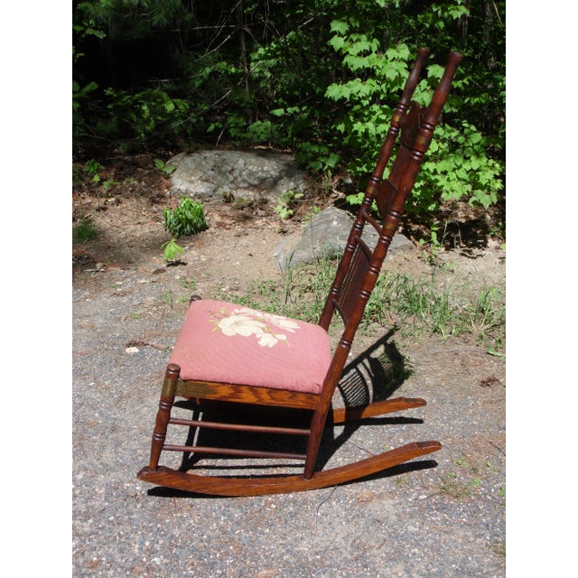 Art Nouveau Antique Spoon Carved Solid Oak Spindle Back Rocker Needlepoint Rocking Chair For Sale - Image 3 of 12