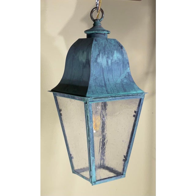 Single Small Vintage Solid Brass Hanging Lantern- 17”h X 7”.5 X 7”.5 For Sale - Image 9 of 11