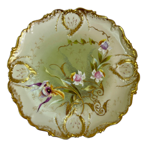 Antique Limoges Hand-Painted Porcelain Platter, Gilt Scalloped Rim, c.1890s