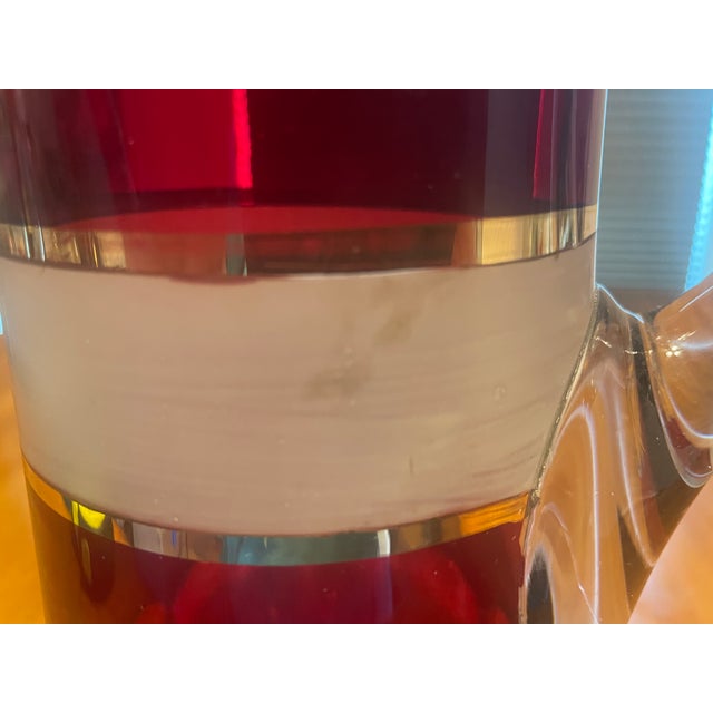 Vintage Ruby Red Glass Pitcher & 6 Tumblers Set - White and Gold Banded Barware For Sale - Image 10 of 11