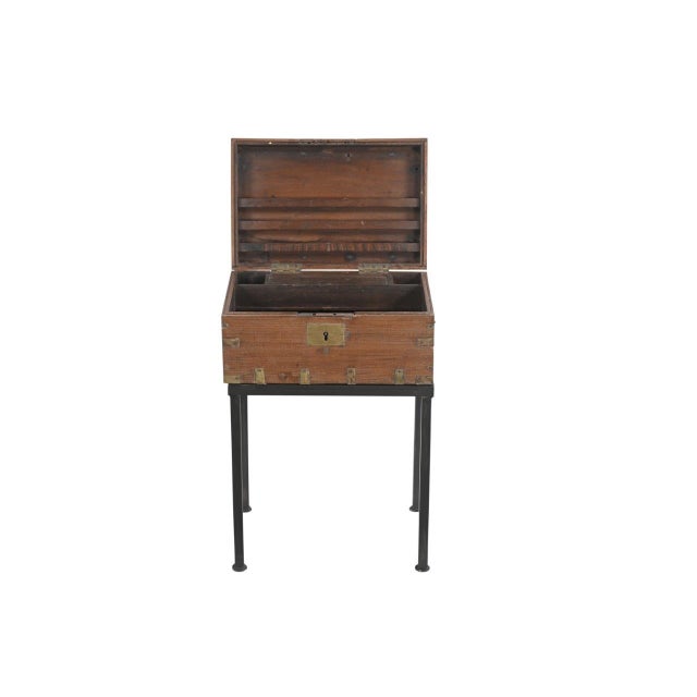 English Vintage Anglo-Indian Teak and Brass Small Chest on Iron Legs/Side Table For Sale - Image 3 of 3