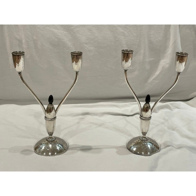 Bring space-age elegance to your dining landscape with this striking pair of Gorham Sterling Silver Twin-Light Candelabras...