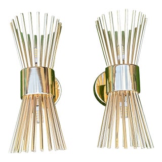 1970s Gold Metal Small Tubed Starburst Style Wall Sconces - a Pair For Sale