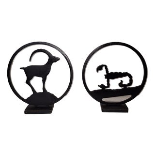 Vintage Bookends in the Shape of Capricorn and Scorpio in Black Iron, 1970s, Set of 2 For Sale