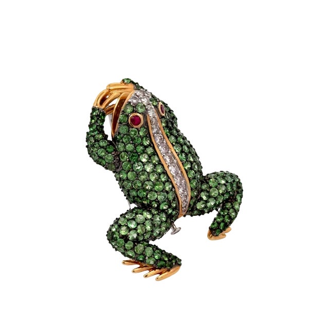 Tsavorite Diamond Ruby 18k Gold Two-Tone Frog Brooch Pendant For Sale - Image 4 of 8