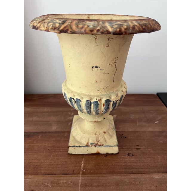Mid-Century Petite Cast Iron Medici Style Garden Urn in Pale Yellow For Sale In Houston - Image 6 of 12