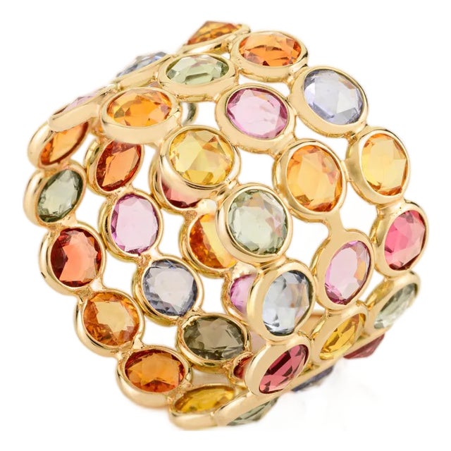 14k Gold Triple Layer Rainbow Multi Sapphire Eternity Ring Size 7 For Sale