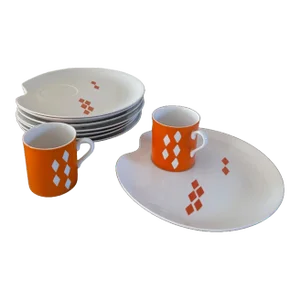 1950s Mid-Century Jonas Roberts for Mario Originals in Contempo China Orange & White Playing Card Snack Plates With Cups Set- 10 Pieces