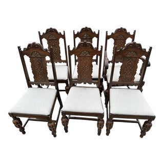 Antique 1920s Spanish Revival Walnut and Oak Dining Chairs - Set of 6 For Sale