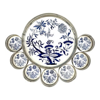 Vintage Blue & White Porcelain Coaster Set With Pierced Metal Tray, Blue Onion Style Barware Set For Sale