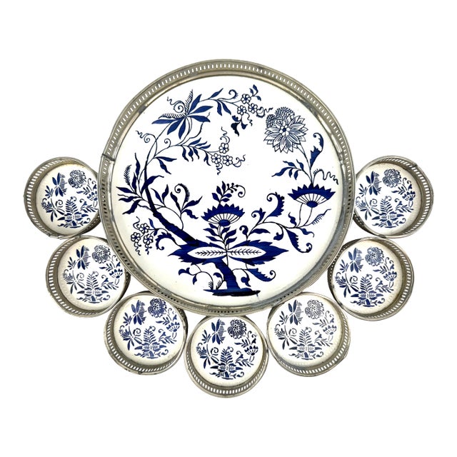 Vintage Blue & White Porcelain Coaster Set With Pierced Metal Tray, Blue Onion Style Barware Set For Sale