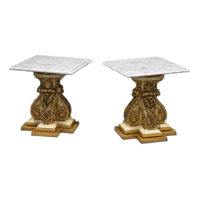 1970s Fuggiti Studios Gilt Marble Top Pedestal Side Tables - A Pair For Sale