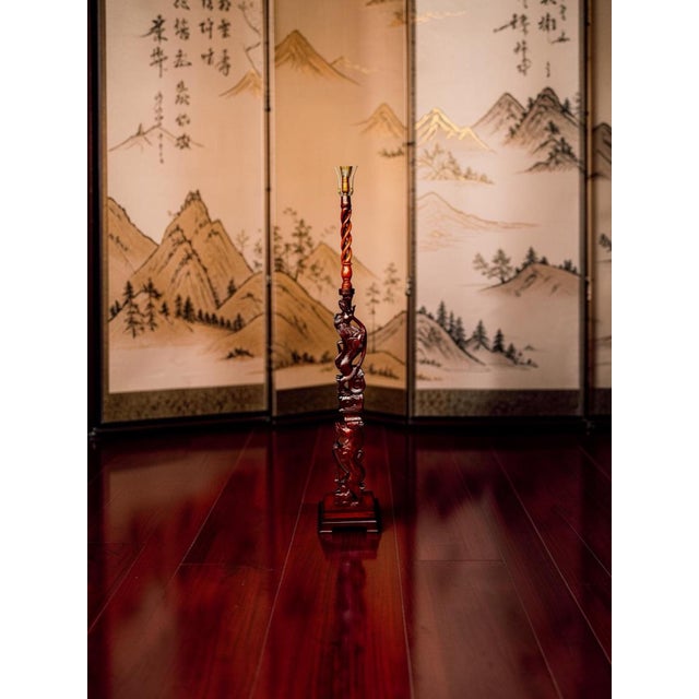 Brown Vintage Chinoiserie Intricately Hand Carved Double Guardian Lions (Shishi) Floor Lamp With Helix/Barley Twist Top Section Floor Lamp For Sale - Image 8 of 12
