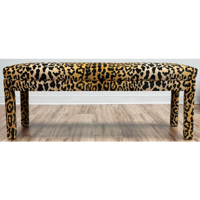 Vintage parsons style bench from the 1980s, newly reupholstered in a stunning high quality leopard print velour fabric....