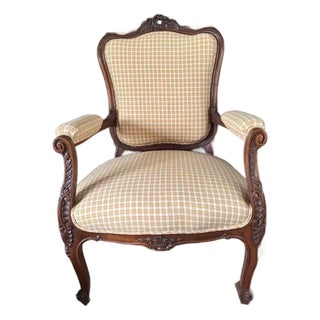 Antique French Louis XV–Style Bergère Chair, Yellow Gingham Upholstery For Sale