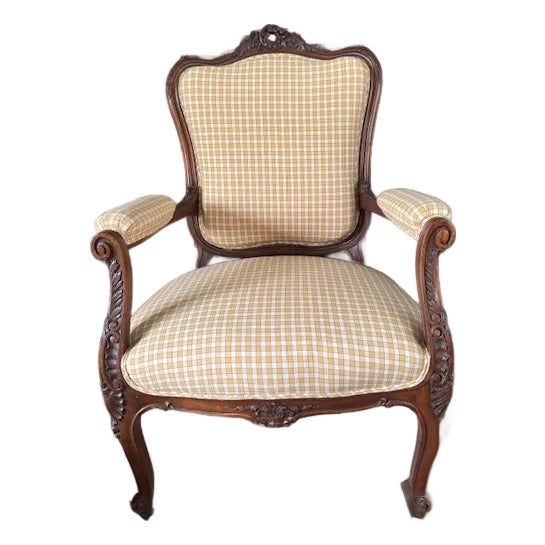 Antique French Louis XV–Style Bergère Chair, Yellow Gingham Upholstery For Sale