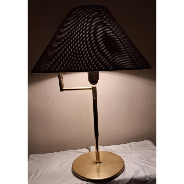 Metal Vintage Brass Table Lamp with Handmade Faux Leather Swivel Shade, 1970s For Sale - Image 7 of 16