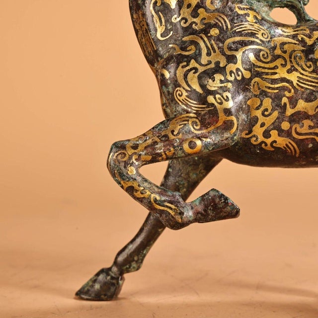 Pair of Vintage Bronze Galloping Horses – Gold Inlaid Horse Statues, 2.2 LBS For Sale - Image 9 of 10