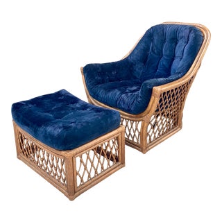 1970’s Blue Velvet Rattan Chair With Ottoman For Sale