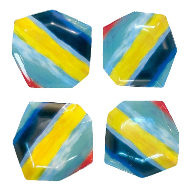 1990s Diane Von Furstenberg Hexagonal "Power Stripe" Dessert Plates - Set of 4 For Sale