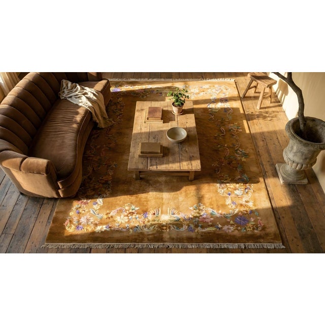 Textile Magnificent Camel Background Color With Exquisite Purple-Rose Flowers Antique Chinese Art Deco Rug For Sale - Image 7 of 9