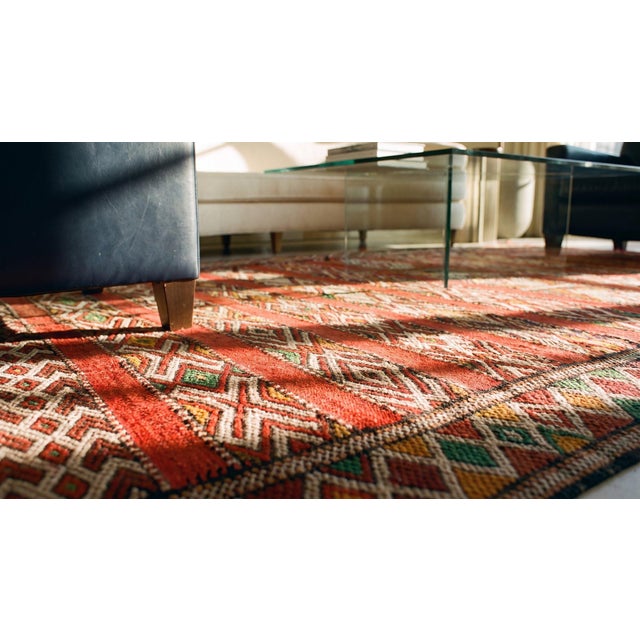 1940s Red Stripe Mid Century Moroccan Rabat Flat-Weave Carpet 5' X 10'3" Flatweave Wool Rug For Sale - Image 17 of 18