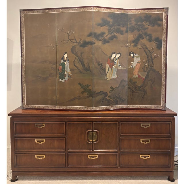 Brown Vintage Japanese Four-Panel Byōbu Screen Female Figures in a Garden Scene For Sale - Image 8 of 18