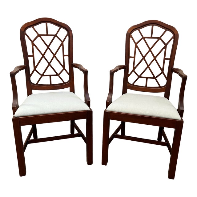 Late 20th Century Chinese Chippendale Chinoiserie Fretwork Arm Chairs by Hickory Chair Furniture Company - a Pair For Sale