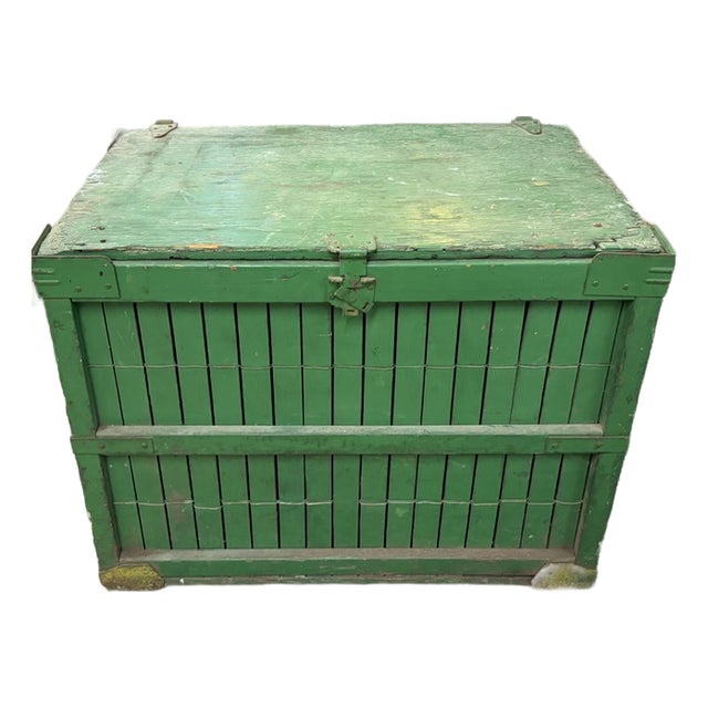 Primitive Folk Art Green Painted Trunk or Hinged Storage Trunk, Chest For Sale