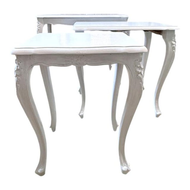 White Vintage French Provincial Carved Nesting Tables – Set of 3 For Sale - Image 8 of 9