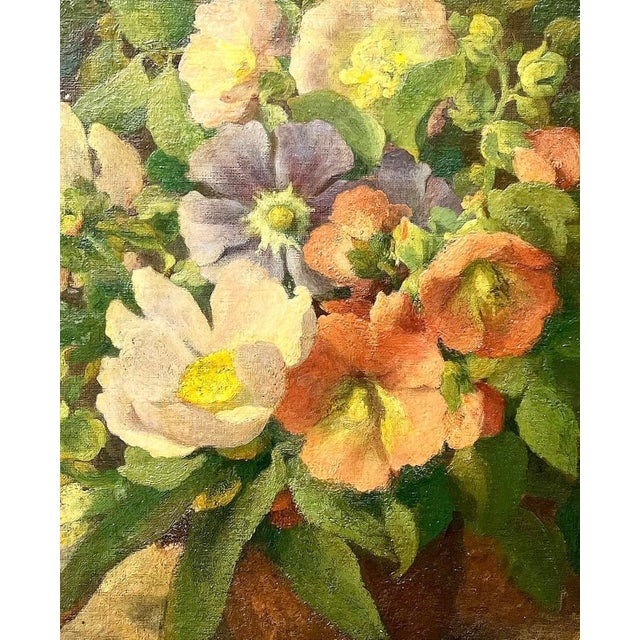 Wood Semi Antique Oil on Linen Board Floral Painting in Ornate Gold Frame For Sale - Image 7 of 9