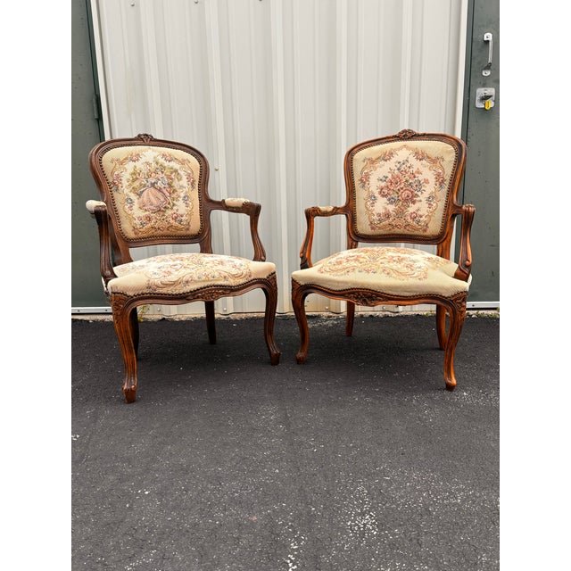 Early 20th Century French Walnut Needlepoint Arm Chairs- A Pair For Sale - Image 4 of 12