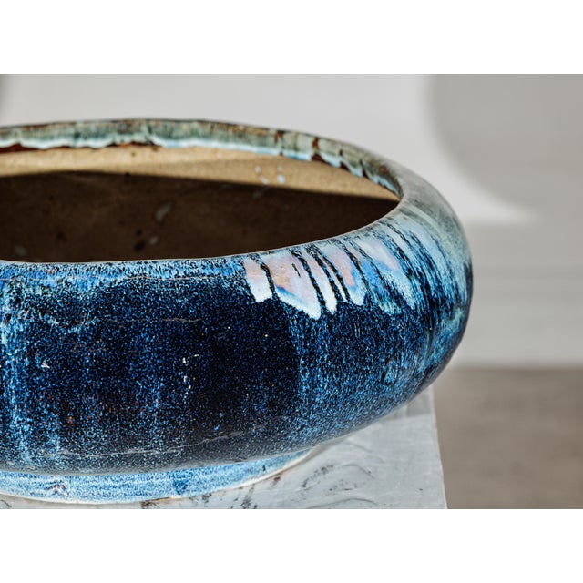 Blue Vintage Shigaraki-Style Light Blue Planter with Organic Glaze and Wide Opening For Sale - Image 8 of 18