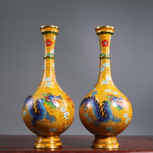 Late 19th Century Pair of Yellow Cloisonné Enamel Dragon and Phoenix Vases For Sale - Image 4 of 9