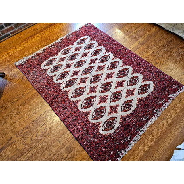 Vintage Turkmen Area Rug in All Over Geometric Pattern in Ivory, Red, Black For Sale In Chicago - Image 6 of 10