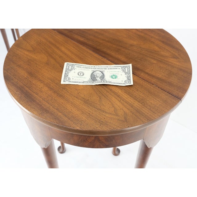Baker Furniture Company Pair Walnut Baker Demilune Flip Top Round End Side Console Occasional Table MINT For Sale - Image 4 of 12