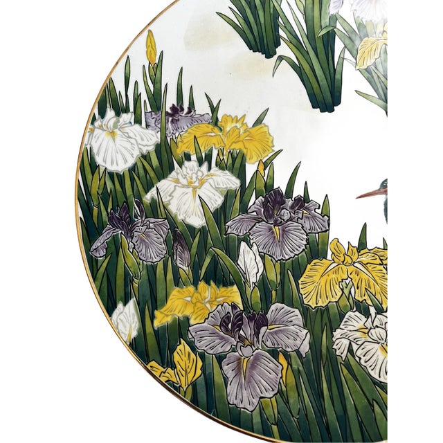 Mid 20th Century Japanese Toyo Handpainted Decorative Plate Mid 20th Century With Irises and Kingfisher For Sale - Image 5 of 15