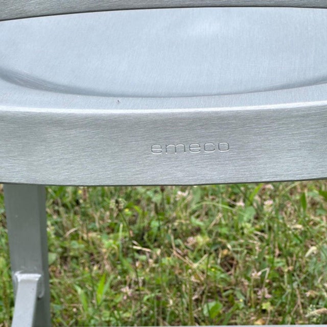 1990s 1990s Set of 2 Emeco Brushed Aluminum Bar Stools With Arms For Sale - Image 5 of 6