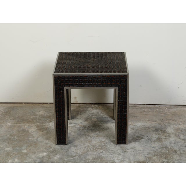 Mid-Century Modern Vintage Italian Midcentury Faux Alligator Side Table with Metal Accents For Sale - Image 3 of 10