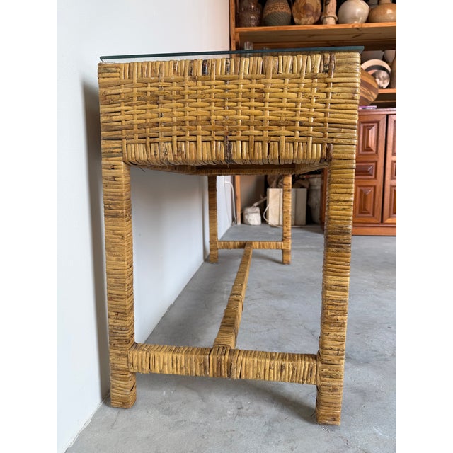 Vintage Palm Beach Regency Coastal Rattan Console Table With Glass Top/ Sold For Sale In Miami - Image 6 of 12