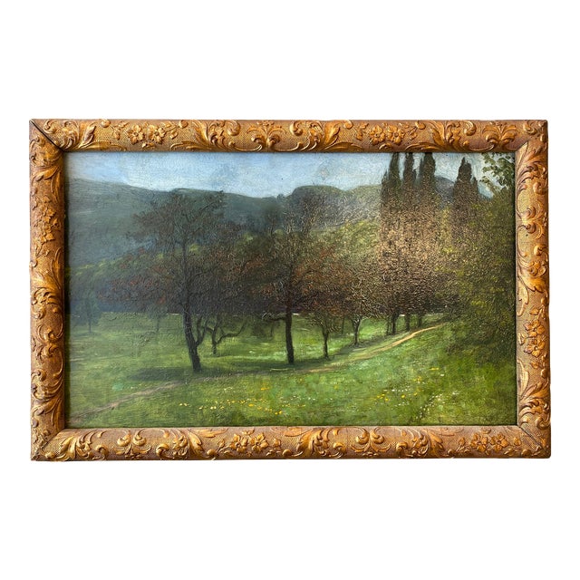 Early 20th Century Landscape Painting Oil on Masonite in Gold Leaf Frame For Sale