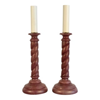 Pair of Vintage Mauve Barley Twist Candle Lamps For Sale