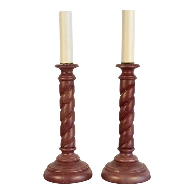 Pair of Vintage Mauve Barley Twist Candle Lamps For Sale