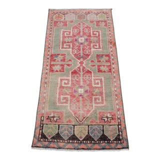 Hand-Knotted Turkish Petite Rug Low Pile Faded Colors DoorMat Yastik Rug - 20'' X 44'' For Sale